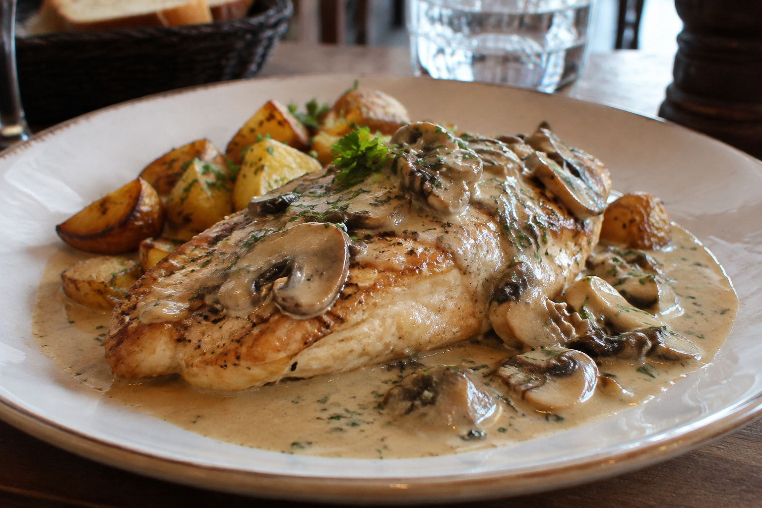 Suprême de poulet tendre, nappé d’une savoureuse sauce aux champignons, accompagné de la garniture de votre choix.