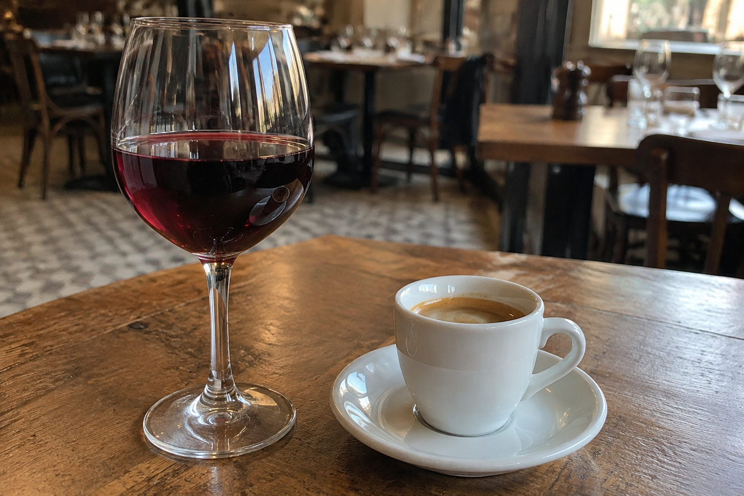 Un verre de vin et un café.